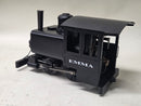 Black steam locomotive model three-quarter view, EMMA name on side, cab windows