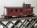 Burgundy Denver and Rio Grande Western caboose model with Rio Grande lettering.